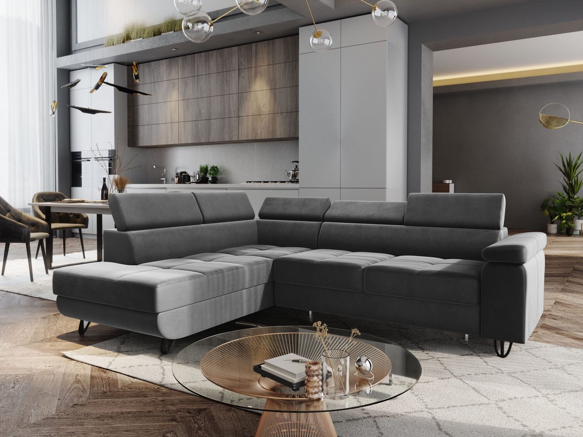 Hoekbank Junior velvet donkergrijs, lounge links — hoekbank van Zetelsenbedden