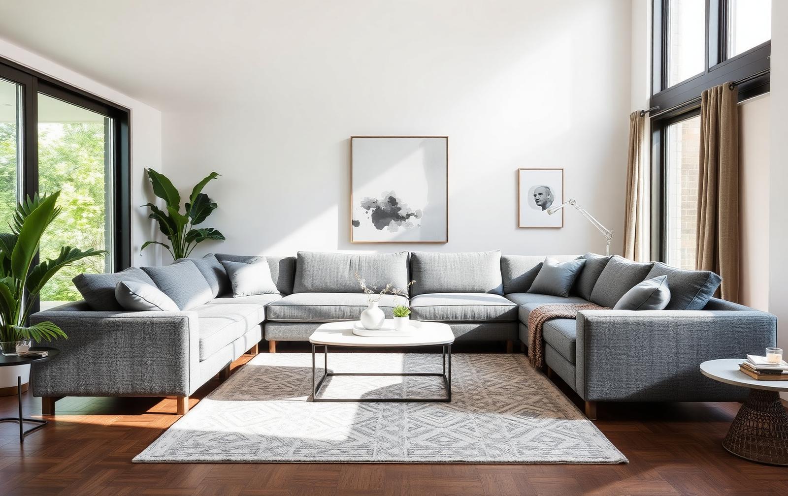 Grijze hoekbank in een lichte moderne woonkamer