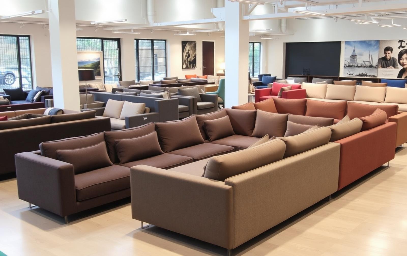 Verschillende hoek banken naast elkaar in een meubelshowroom