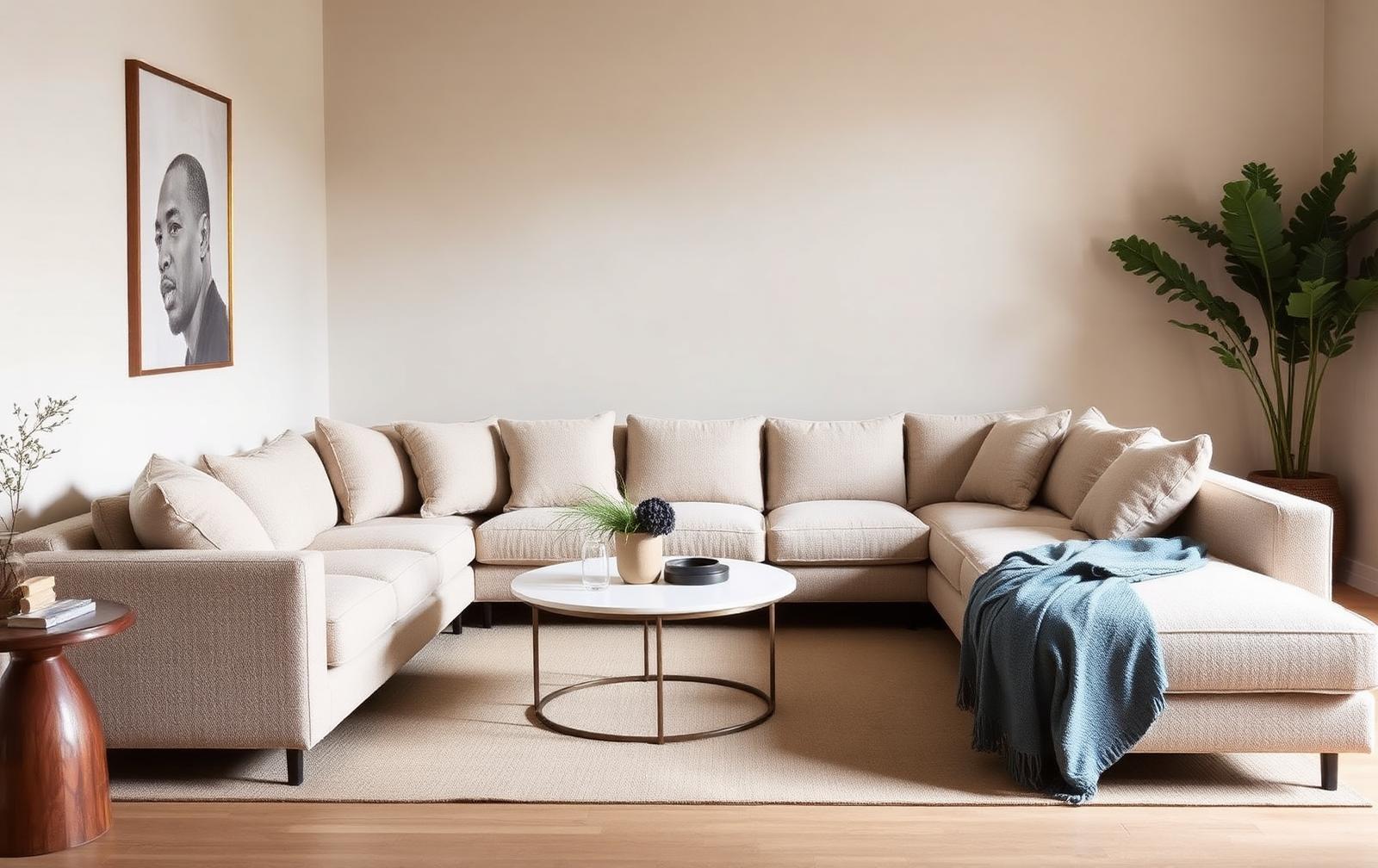 Beige hoekbank met kussens in een rustige woonkamer