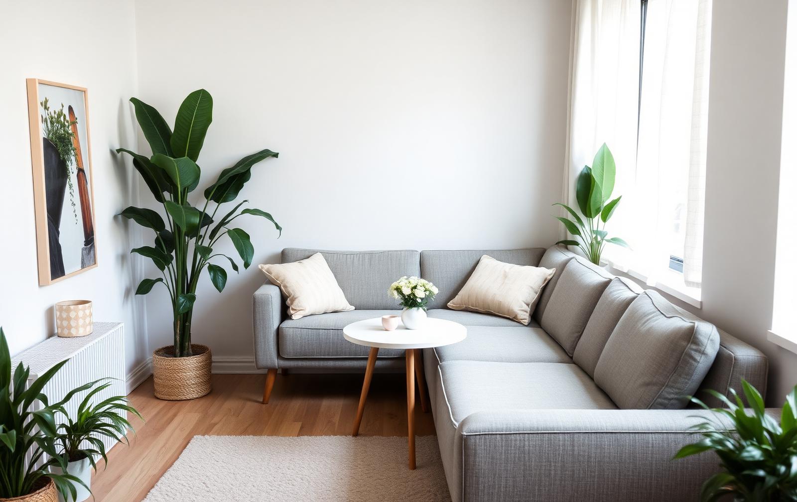 Betaalbare grijze hoekbank in een klein appartement