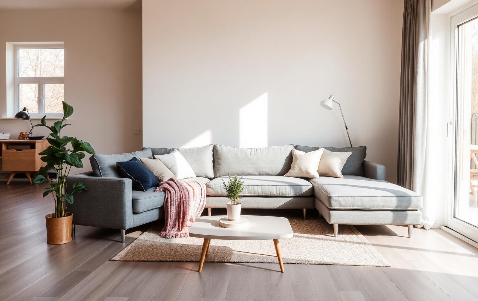 Moderne hoekbank in een lichte woonkamer met daglicht